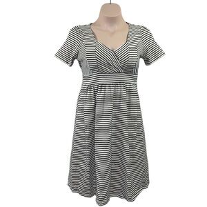 Large Romy Beige Black Striped Midi Dress V Neck Short Sleeve Neutral Classic